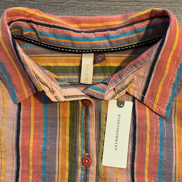 NWT. Anthropologie Long Sleeve Boyfriend Striped Shirt Button Down Multi Color - Picture 8 of 8